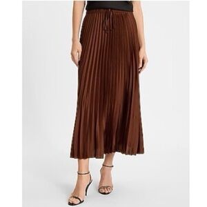 Express High Waisted Satin Drawstring Pleated Midi Skirt - Hickory Brown Size S